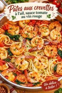 Pâtes aux crevettes à l'ail dans une sauce tomate au vin rouge