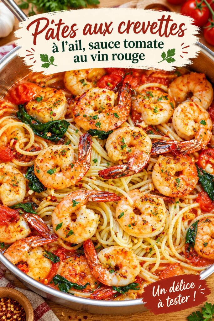 Pâtes aux crevettes à l'ail dans une sauce tomate au vin rouge