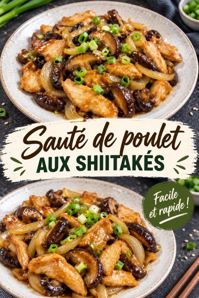 Un plat de poulet sauté aux champignons shiitake servi dans un bol, prêt à être dégusté.