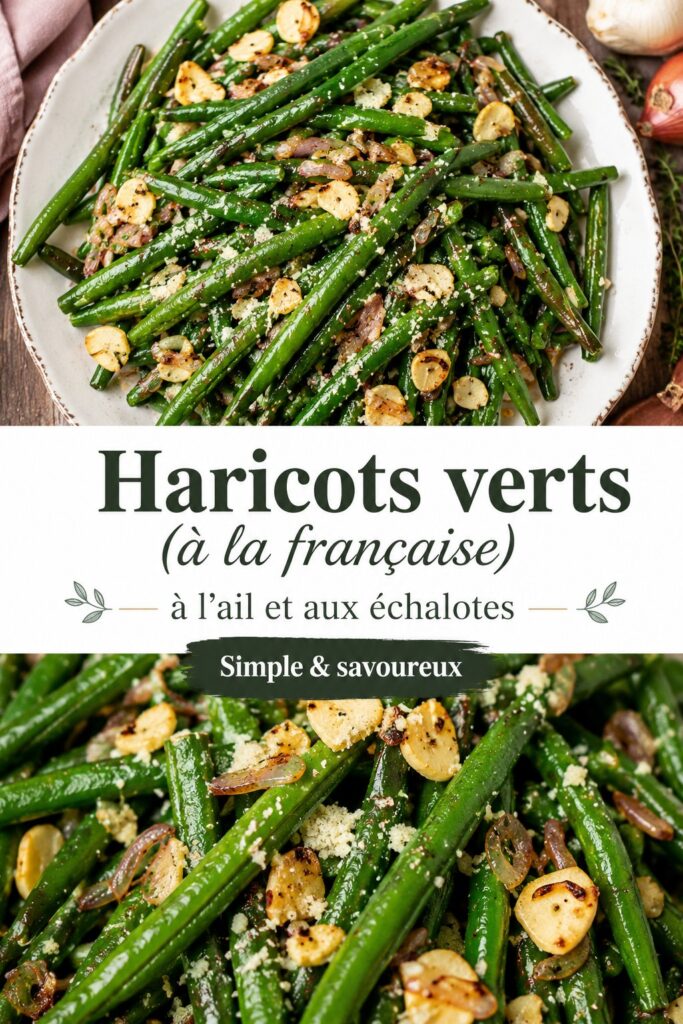 Haricots verts cuisinés à l'ail et échalotes dans une assiette, prêts à être dégustés.