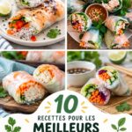 Assiette de rouleaux de printemps frais garnis de légumes colorés et herbes aromatiques.
