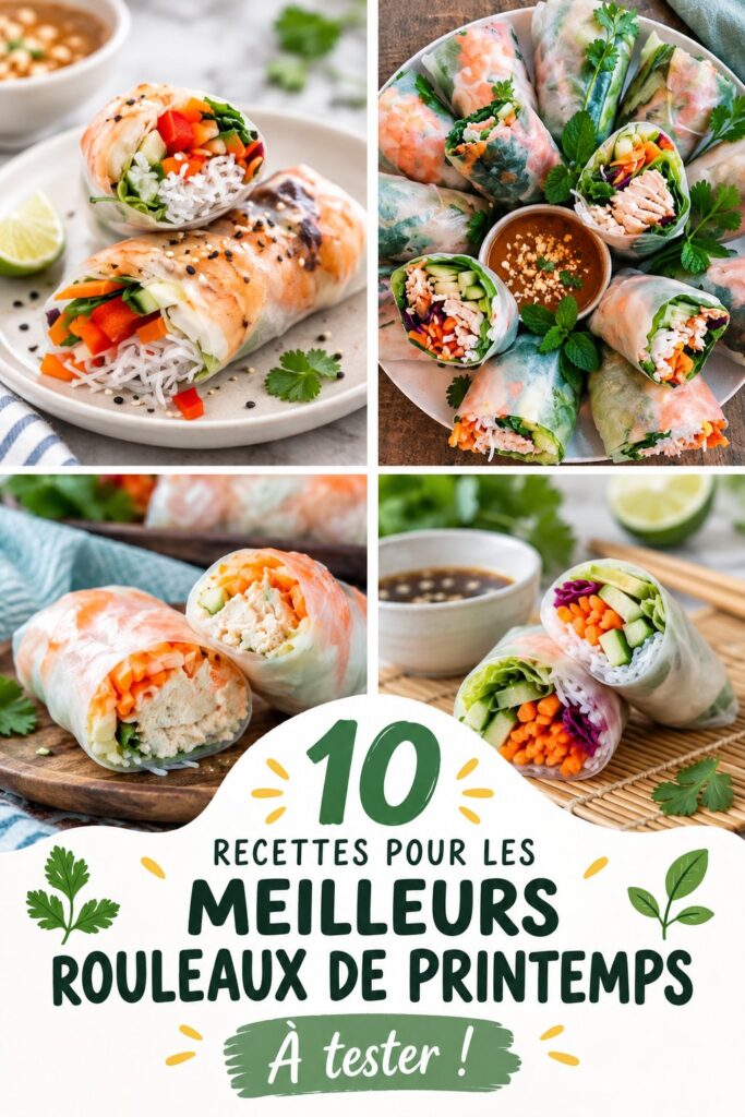 Assiette de rouleaux de printemps frais garnis de légumes colorés et herbes aromatiques.