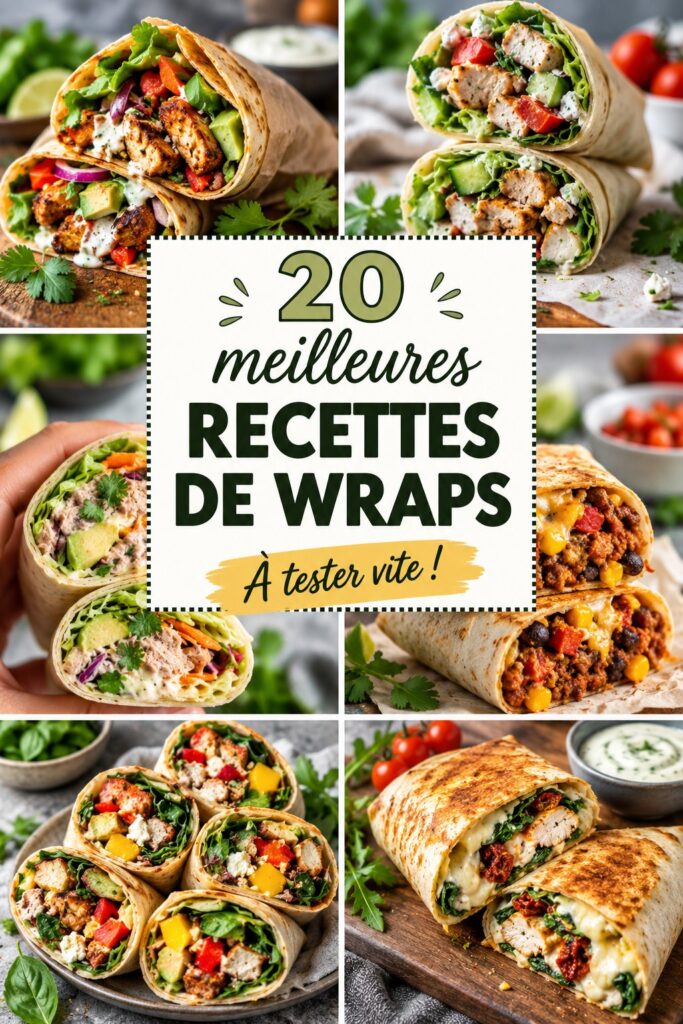 Ensemble de wraps savoureux garnis de légumes et viandes, parfaits pour un repas pratique.