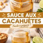 Bocal de sauce aux cacahuètes sur une table, parsemé de cacahuètes entières.