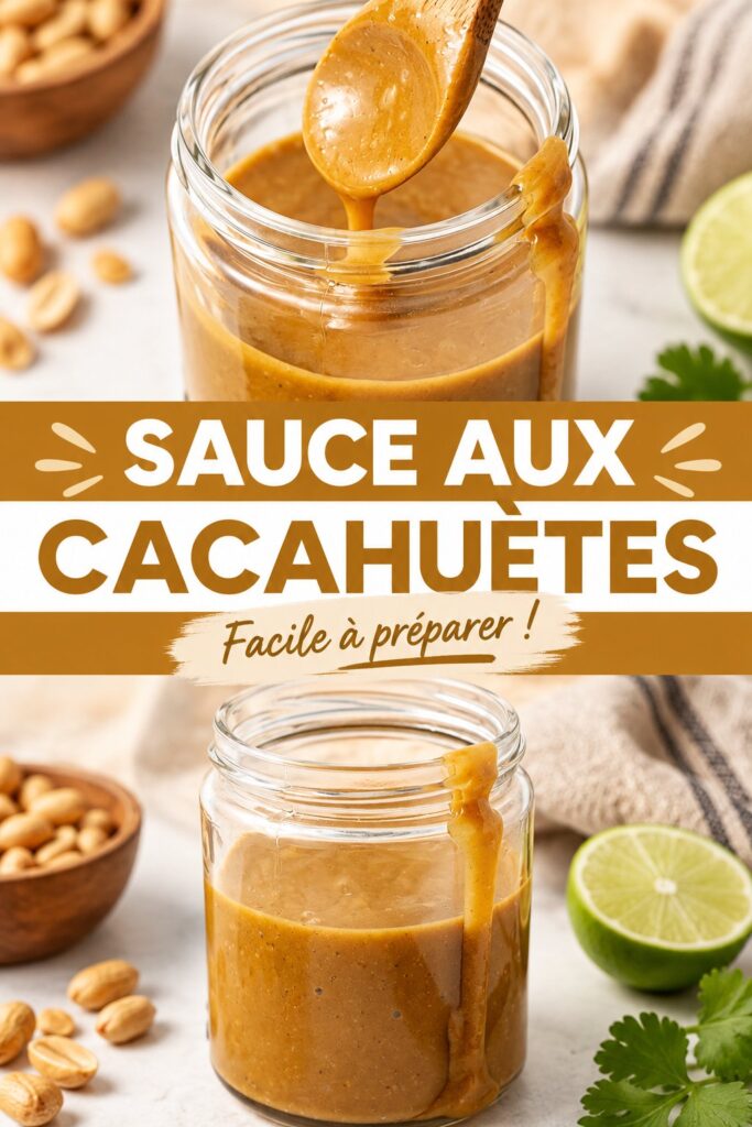Bocal de sauce aux cacahuètes sur une table, parsemé de cacahuètes entières.