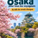 Vue panoramique du château d'Osaka entouré de cerisiers en fleurs.