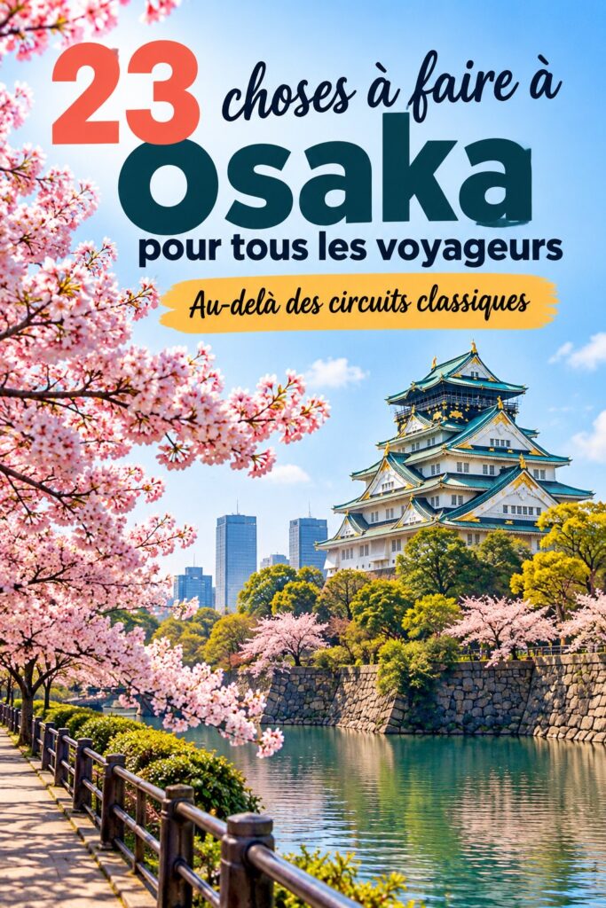 Vue panoramique du château d'Osaka entouré de cerisiers en fleurs.