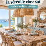 Salle à manger côtière avec vue sur la mer, décorée de couleurs apaisantes.