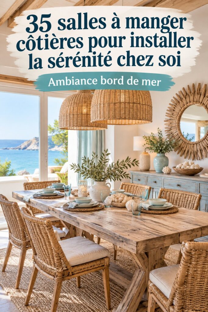 Salle à manger côtière avec vue sur la mer, décorée de couleurs apaisantes.