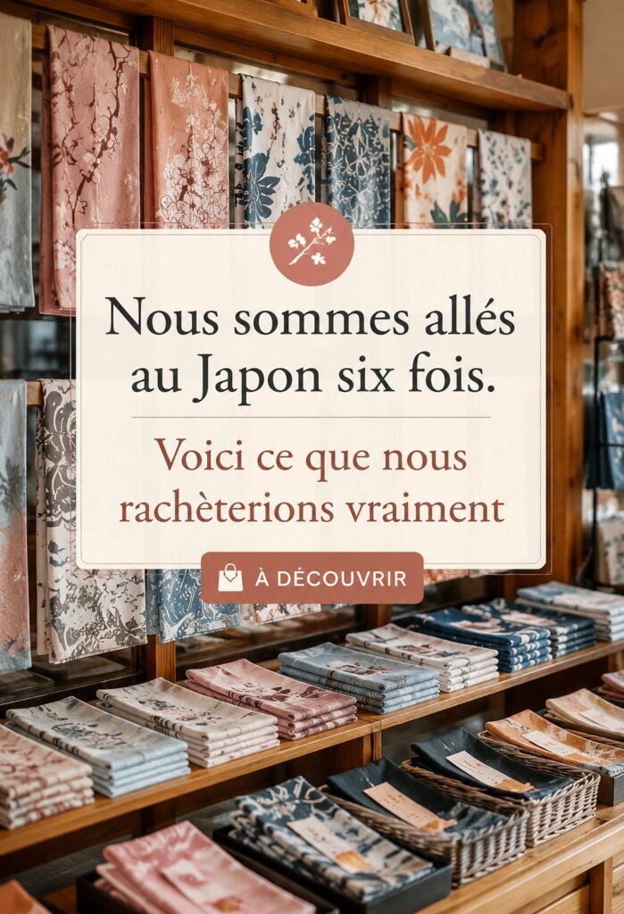 Une sélection d'achats typiques ramenés du Japon, intégrant des souvenirs gourmands et traditionnels.
