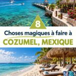 Vue panoramique des plages de Cozumel, Mexique, avec du sable blanc et une mer turquoise.