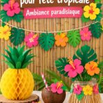 Une belle décoration pour une Aloha Party avec guirlandes de fleurs tropicales et lanternes