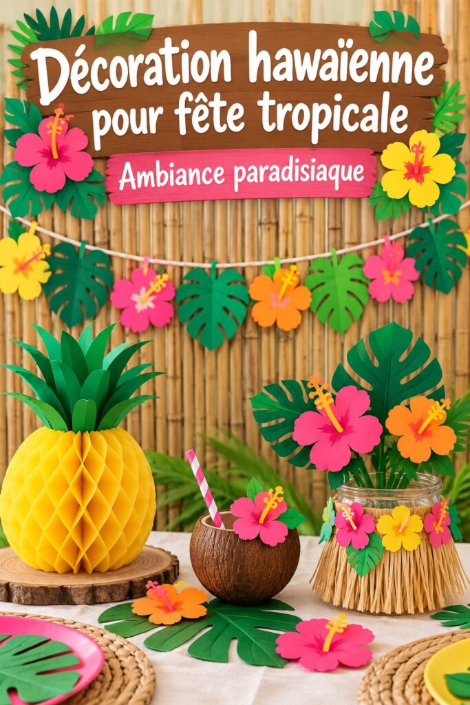 Une belle décoration pour une Aloha Party avec guirlandes de fleurs tropicales et lanternes