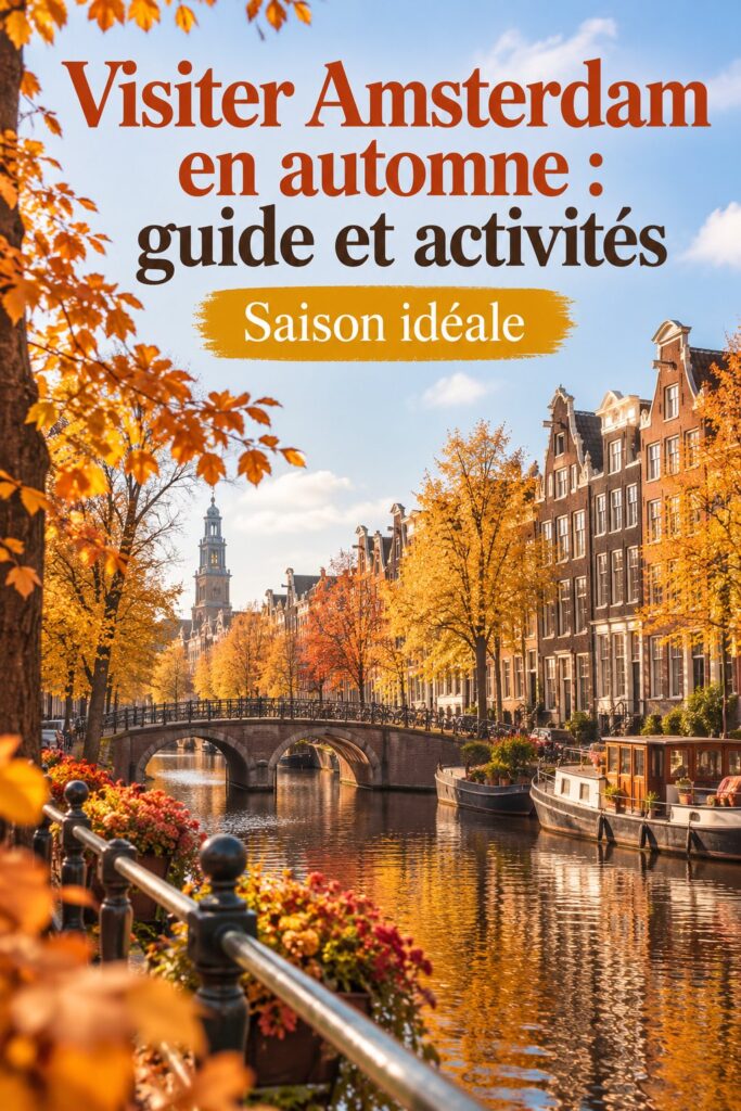 Vue d'Amsterdam en automne avec des arbres aux couleurs vives et des canaux