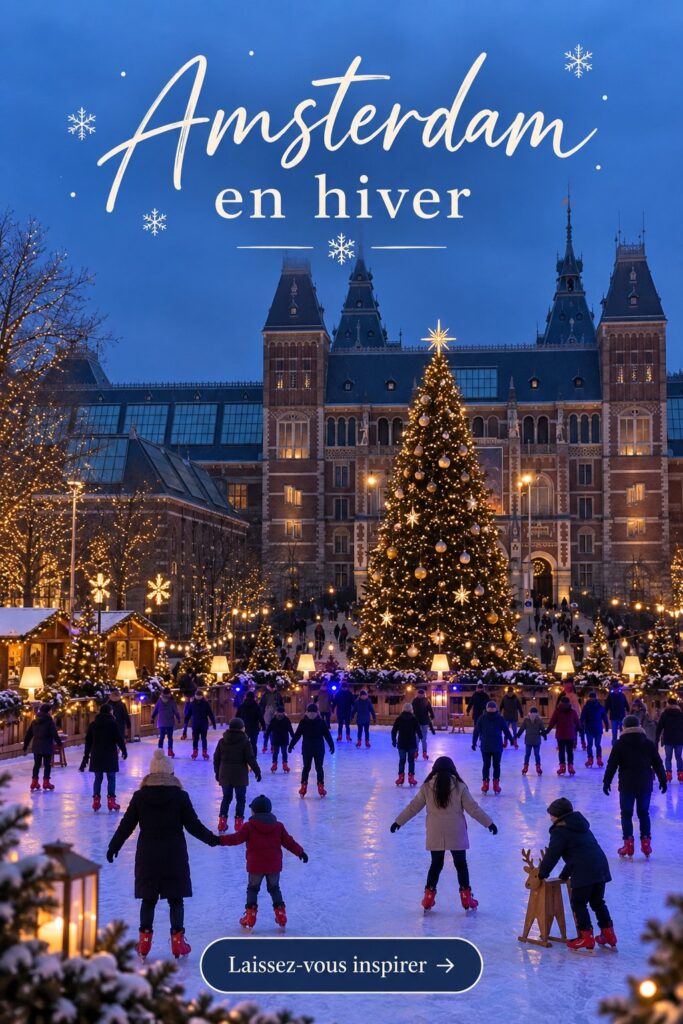 Canaux d'Amsterdam sous la neige, créant une scène hivernale pittoresque.