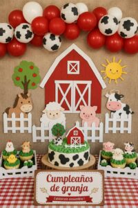 Fête d'anniversaire joyeuse à la ferme, avec des invités admirant les environs naturels