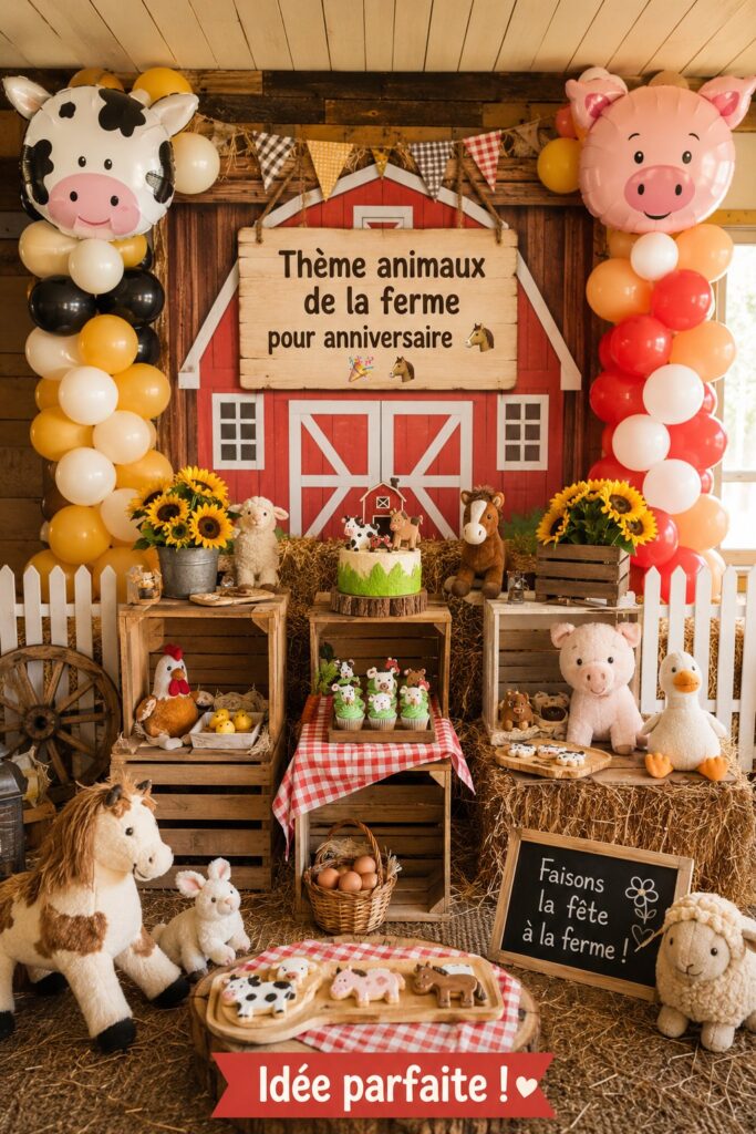 Fête d'anniversaire sur le thème des animaux de la ferme avec une décoration colorée et accueillante.