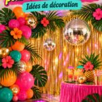 Fête colorée d'anniversaire tropical à Palm Beach, décorations florales et ambiance festive.