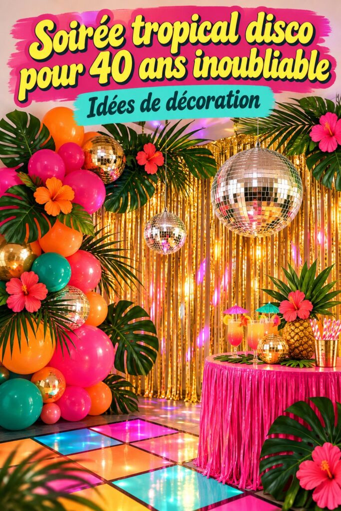 Fête colorée d'anniversaire tropical à Palm Beach, décorations florales et ambiance festive.