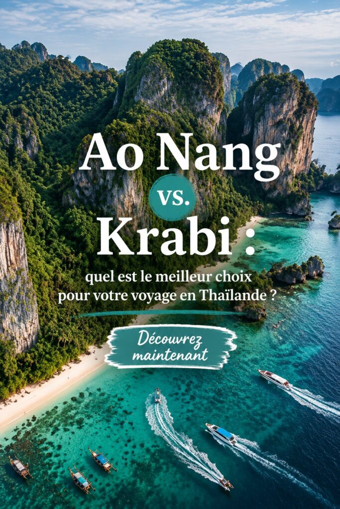 Plage paisible d'Ao Nang avec des eaux turquoise et des montagnes en arrière-plan.