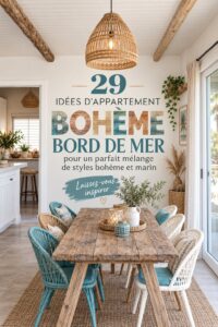 Un appartement décoré dans un style boho avec des éléments de plage, créant une atmosphère relaxante.