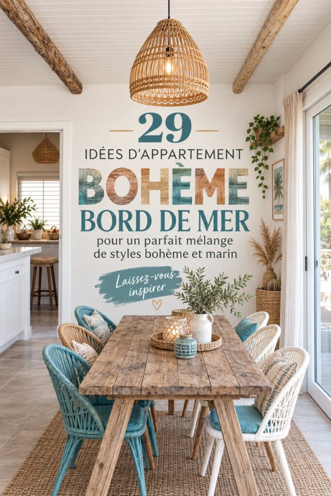 Un appartement décoré dans un style boho avec des éléments de plage, créant une atmosphère relaxante.