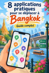 Une femme consultant une application sur son smartphone à Bangkok, planifiant son itinéraire.
