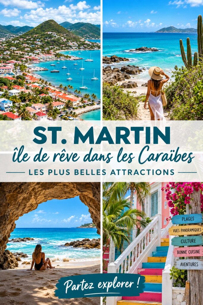 Vue panoramique de la plage de Saint-Martin avec des eaux cristallines et des palmiers.