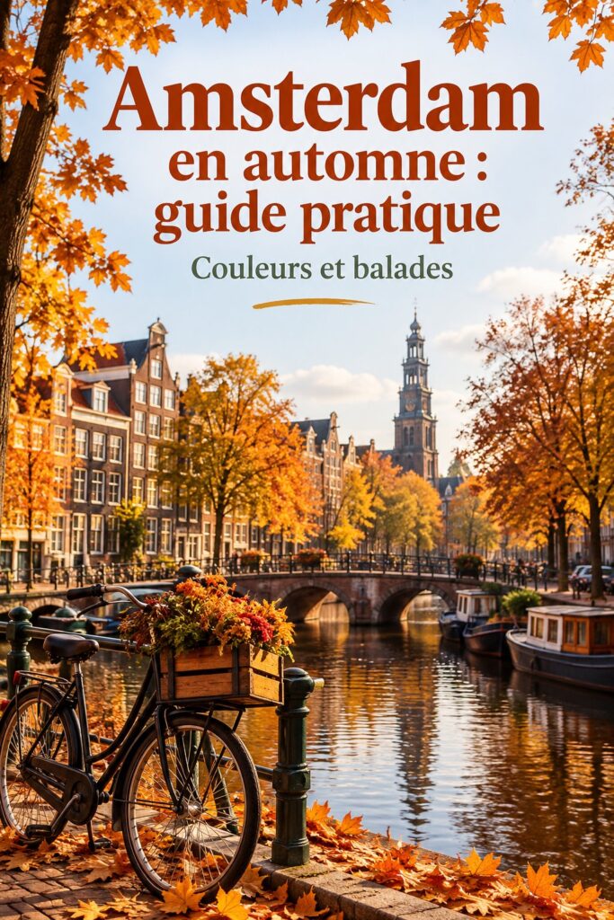 Vue d'un canal à Amsterdam entouré d'arbres aux couleurs d'automne