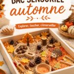 Bac sensoriel rempli de feuilles colorées et de trésors d'automne pour explorer les textures.