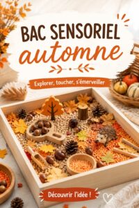 Bac sensoriel rempli de feuilles colorées et de trésors d'automne pour explorer les textures.