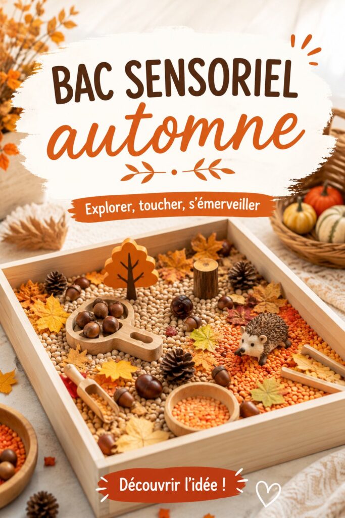 Bac sensoriel rempli de feuilles colorées et de trésors d'automne pour explorer les textures.