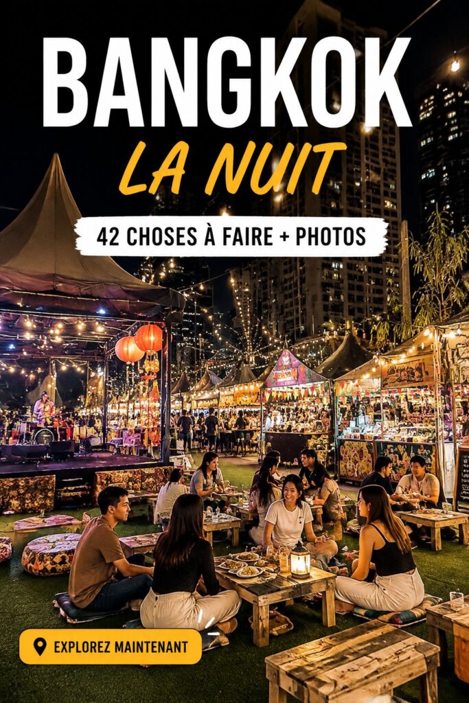 Vue nocturne de Bangkok avec ses lumières brillantes et ses gratte-ciels.