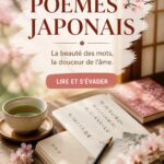 Un livre de poésie japonaise ouvert sur une table en bois, évoquant l'art et la culture du Japon.