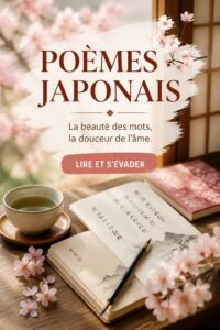 Un livre de poésie japonaise ouvert sur une table en bois, évoquant l'art et la culture du Japon.