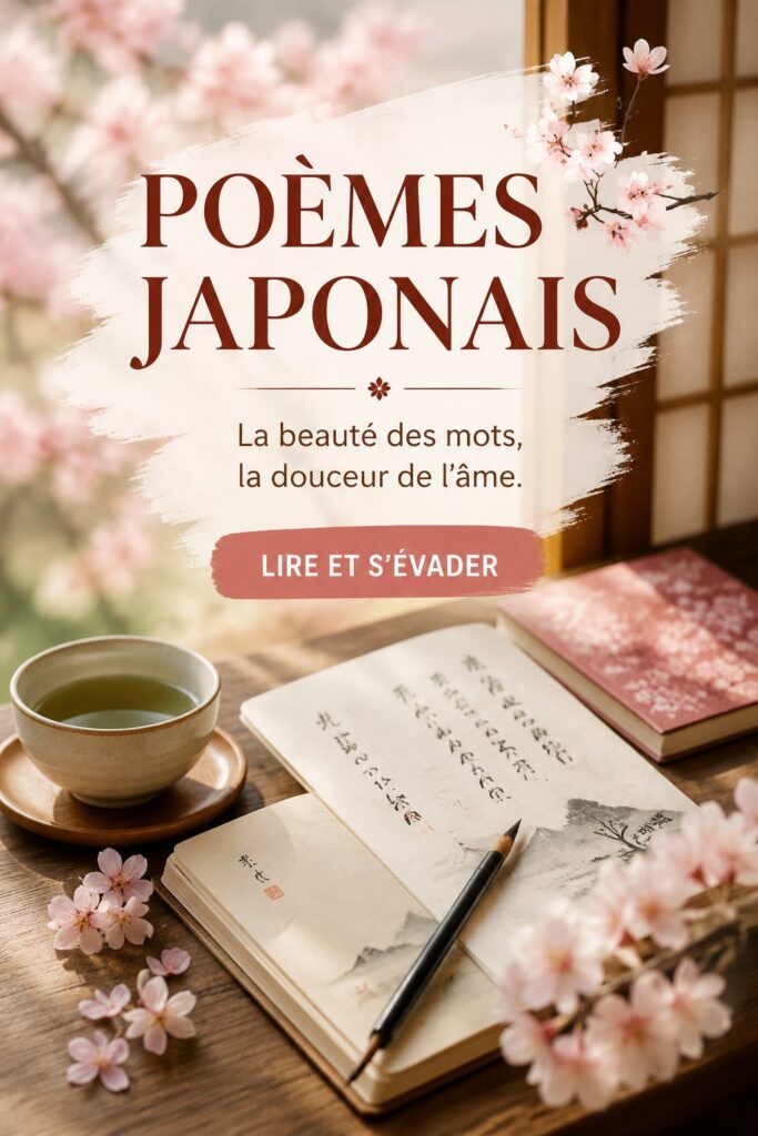 Un livre de poésie japonaise ouvert sur une table en bois, évoquant l'art et la culture du Japon.