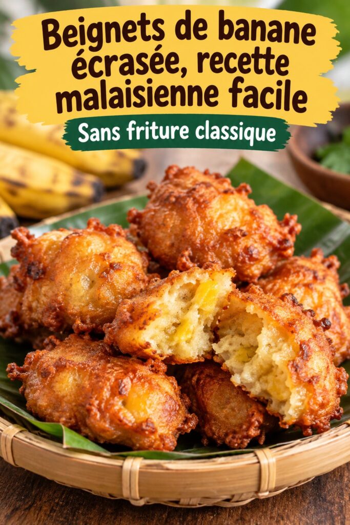 Beignets de banane écrasée dorés, une gourmandise malaisienne sur une assiette en bois.