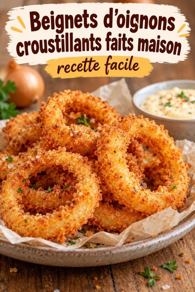 Recette de beignets d'oignons croustillants faits maison, présentés sur une assiette.