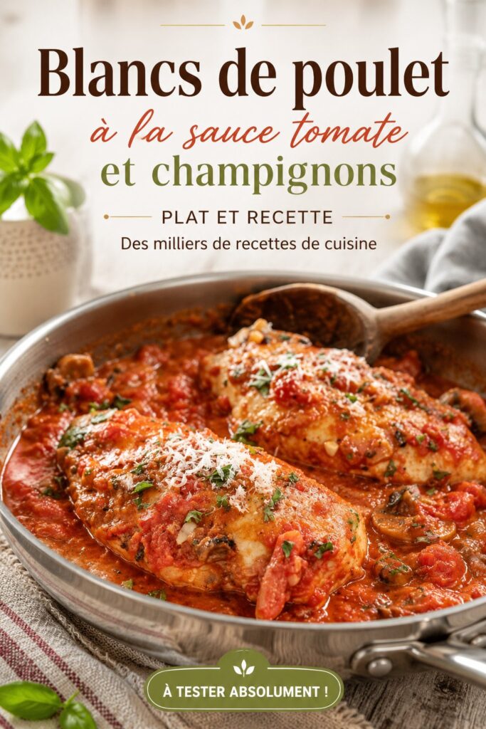 Un plat de blancs de poulet en sauce tomate et champignons, prêt à être dégusté.