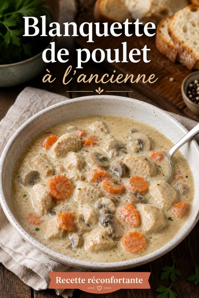 Blanquette de poulet cuisinée selon une recette traditionnelle, servie dans une assiette blanc crème.