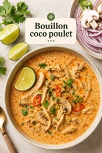 Image d'un délicieux bouillon coco au poulet servi dans un bol chaleureux