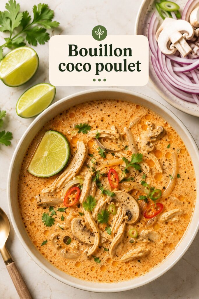 Image d'un délicieux bouillon coco au poulet servi dans un bol chaleureux
