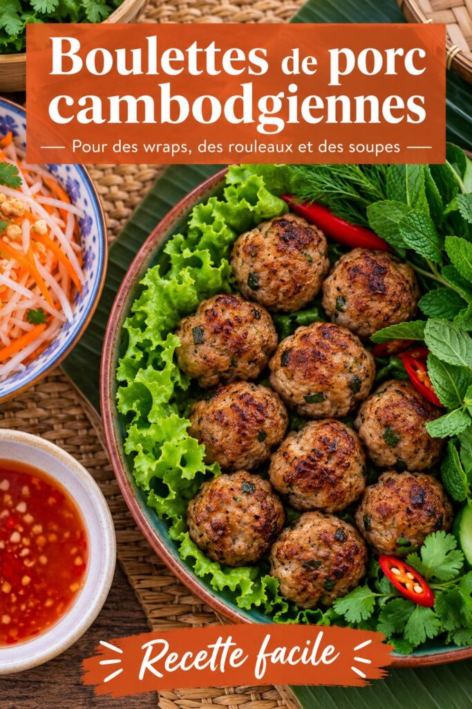 Boulettes de viande de porc cambodgiennes servies avec des herbes fraîches.