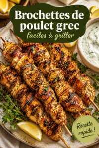Brochettes de poulet grillé à la grecque avec légumes colorés sur un barbecue.