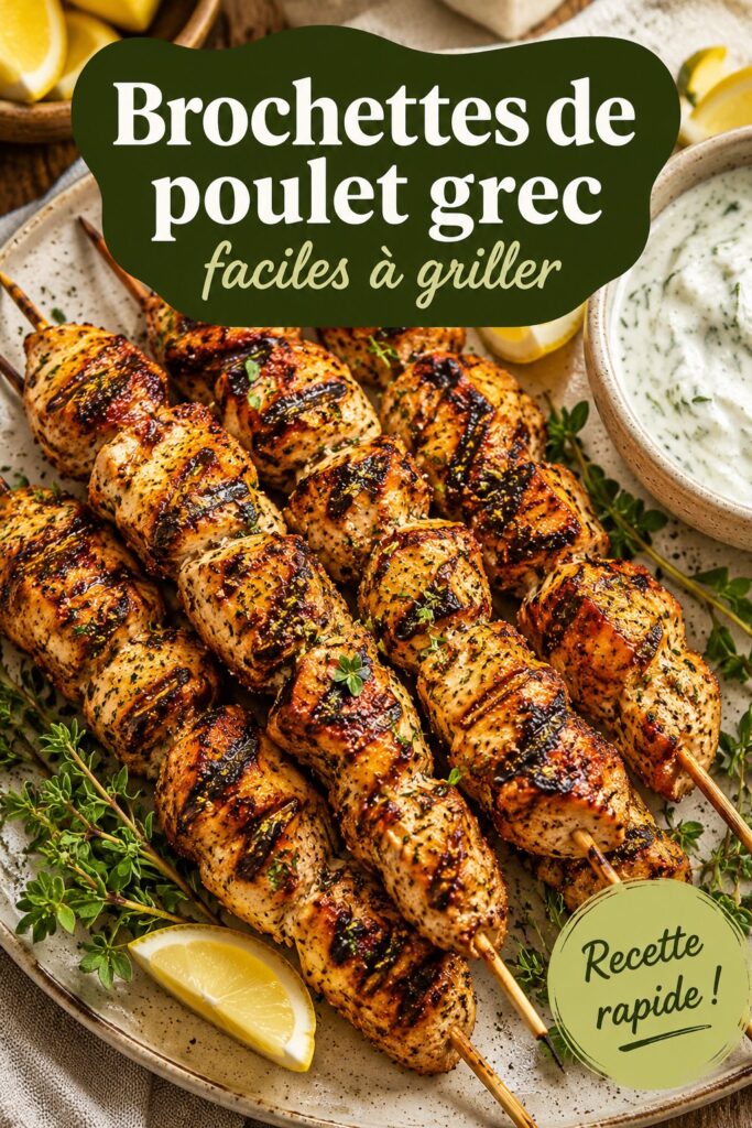 Brochettes de poulet grillé à la grecque avec légumes colorés sur un barbecue.