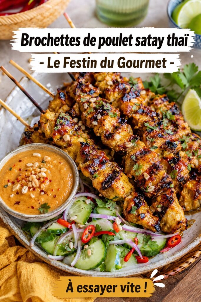 Brochettes thaï de poulet au satay grillées sur un barbecue, prêtes à servir.
