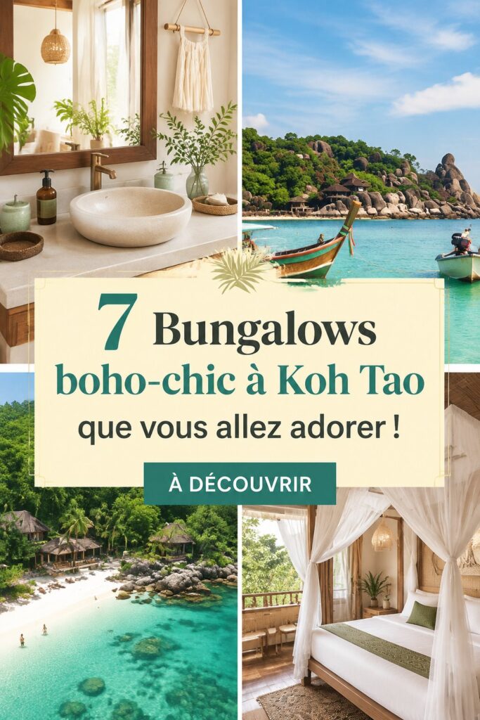 Vue sur un bungalow boho-luxe à Koh Tao avec une décoration tropicale.