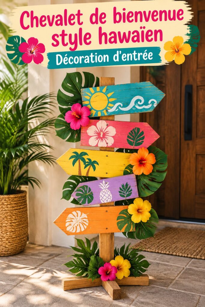 Un caballete de bienvenue hawaïen décoré de motifs tropicaux et colorés, parfait pour une fête.