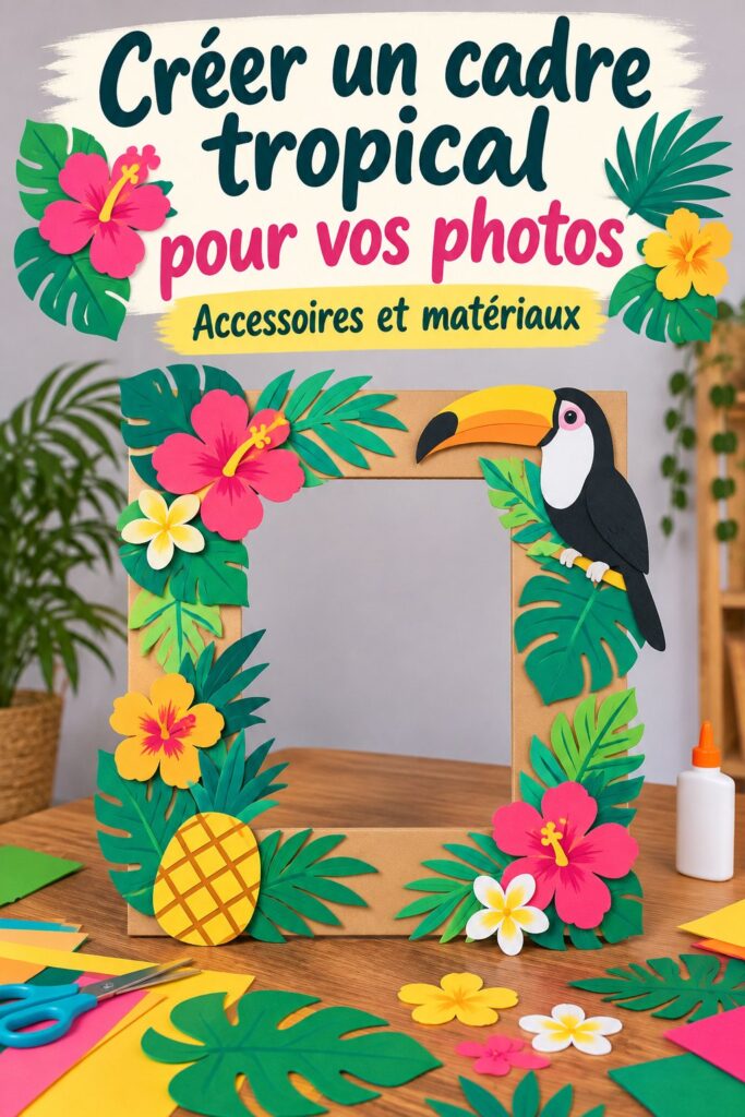 Un cadre photo tropical décoré de feuilles et fleurs exotiques.