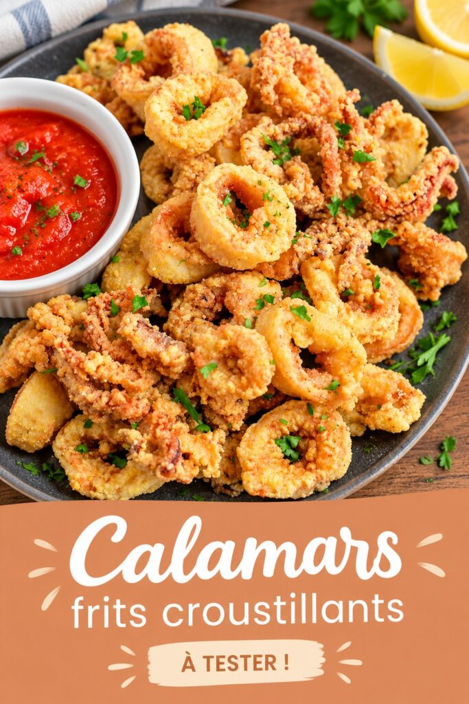 Plat de calamars frits croustillants sur une table, prêt à être dégusté.